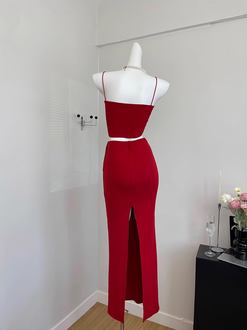 Cute Mermaid Spaghetti Straps 2 Pieces Red Long Summer Dress For Women DP0013