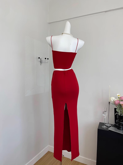 Cute Mermaid Spaghetti Straps 2 Pieces Red Long Summer Dress For Women DP0013