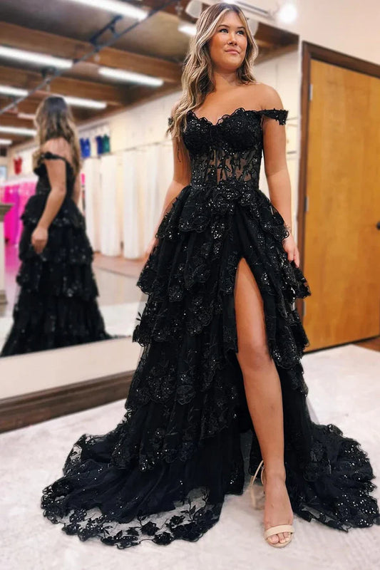 Pretty Off the Shoulder Black Tulle Appliques Off-the-Shoulder Ruffle Long Prom Dress Graduation Dress DP517