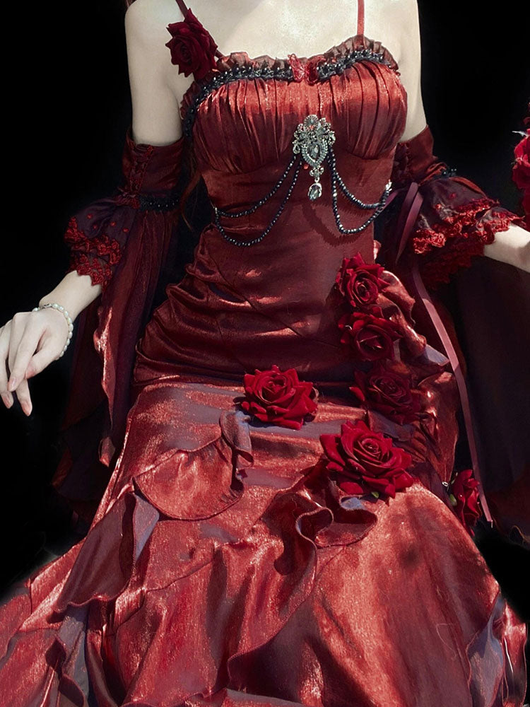 Robe sirène vintage à bretelles spaghetti bordeaux, style été 18e, rouge vin, avec manches, robe Lolita d'anniversaire, tenues d'anniversaire W1123