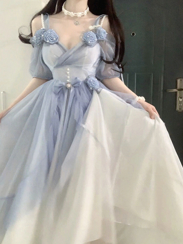 Sweet A line Sweetheart Blue Chiffon Floral Long 16th Birthday Dress Lolita Dress Birthday Outfits W1128