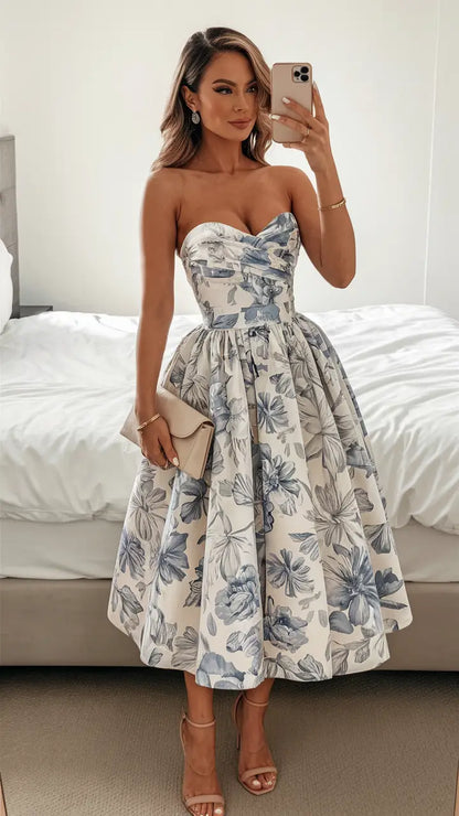 Robe de soirée élégante à fleurs bleues pour invité de mariage, tenue de soirée élégante, longueur thé, DP769