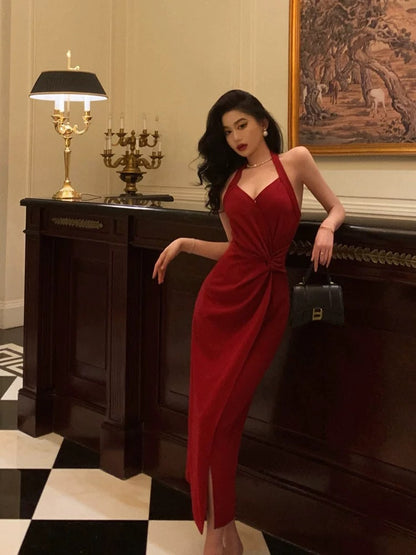 Sexy Etuikleid Neckholder Rot Ärmellos Ballkleider Partykleid Sommer Geburtstag Outfits Geburtstagskleider W810