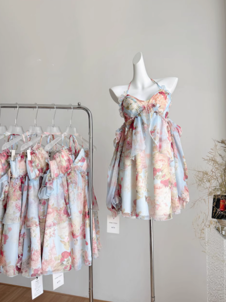 Robe d'été courte à fleurs roses, coupe trapèze, col licou, DP0015