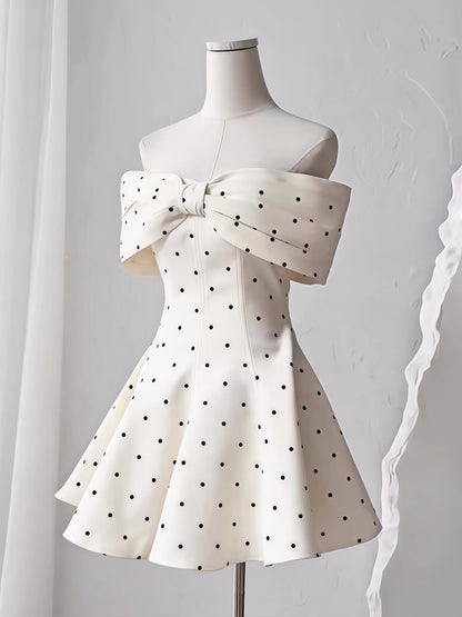 Cute A line Off The Shoulder Black Polka Dots Short Satin Formal Homecoming Dresses Party Graduation Dress Hoco Dresses DH2772