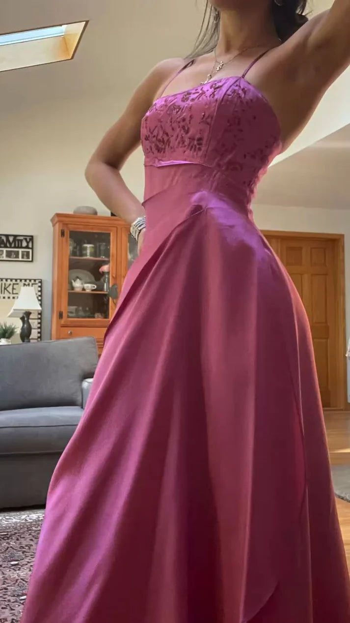 Classy Fuchsia Spaghetti Straps Satin A-Line Beaded Long Prom Dress Bridesmaid Dresses Long formal Dress DP488