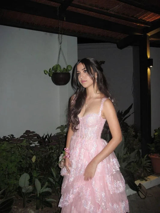 A-Linie Applikationen Hübsche rosa Spitze abgestufte lange Abendkleider Brautjungfernkleider Abendkleid Ballkleid DP287