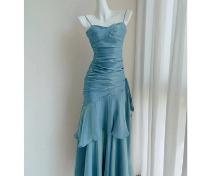 Elegant Mermaid Spaghetti Straps Blue Satin Long Prom Dresses Party Dress 21st Birthday Outfits Graduation Dresses DH2398