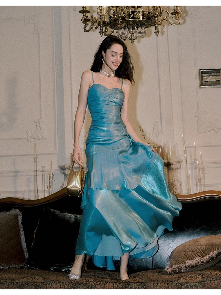 Elegant Mermaid Spaghetti Straps Blue Satin Long Prom Dresses Party Dress 21st Birthday Outfits Graduation Dresses DH2398