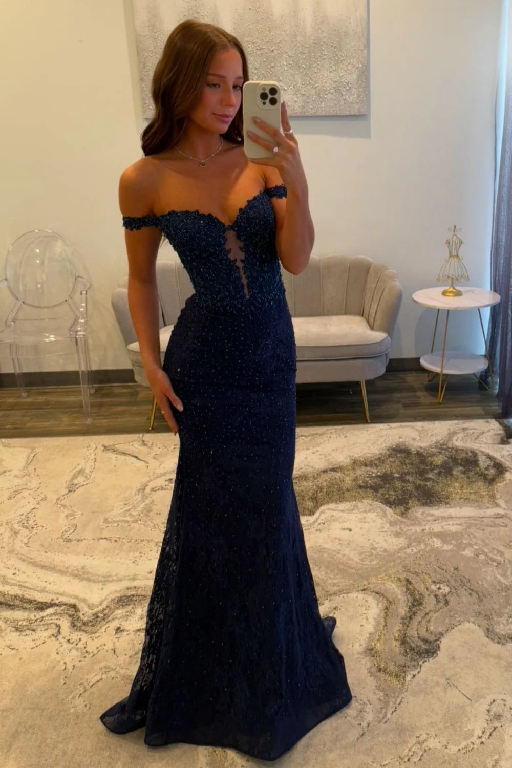 Sexy Navy Blue Mermaid Lace Appliques Prom Dresses Long for Women Prom Dress DP277