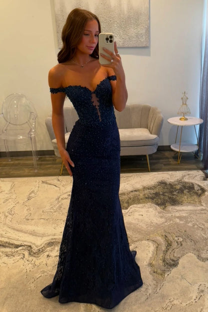 Sexy Navy Blue Mermaid Lace Appliques Prom Dresses Long for Women Prom Dress DP277