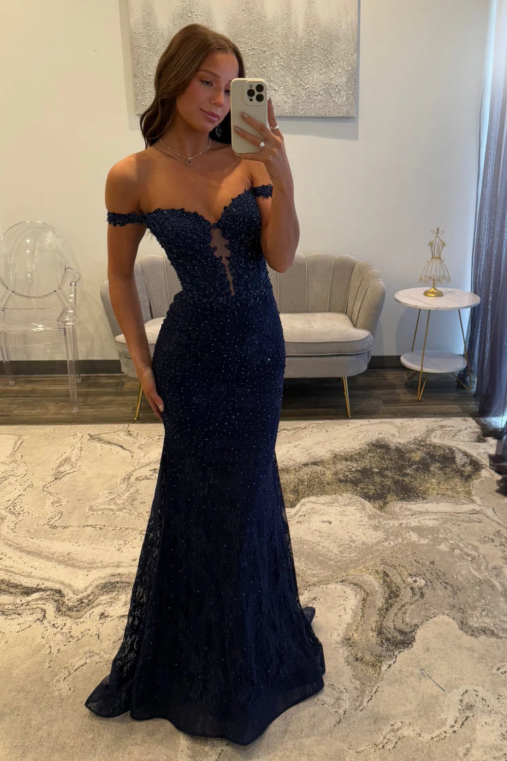 Sexy Navy Blue Mermaid Lace Appliques Prom Dresses Long for Women Prom Dress DP277