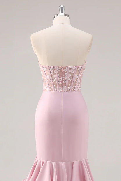 Blush Mermaid Strapless Corset Tiered Long Prom Dress with Slit Graduation Dresses DP525