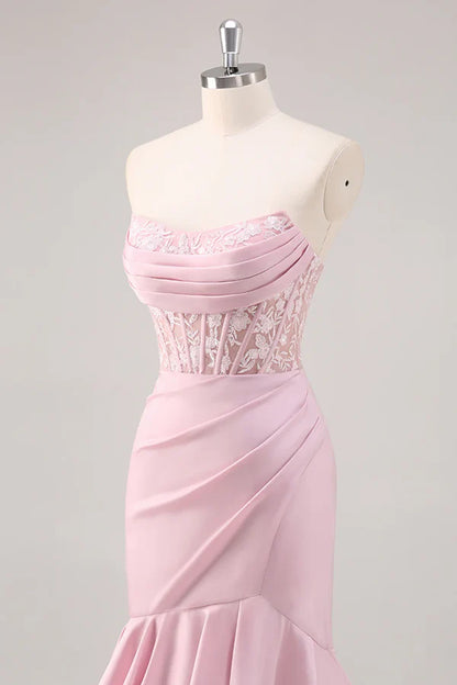 Blush Mermaid Strapless Corset Tiered Long Prom Dress with Slit Graduation Dresses DP525