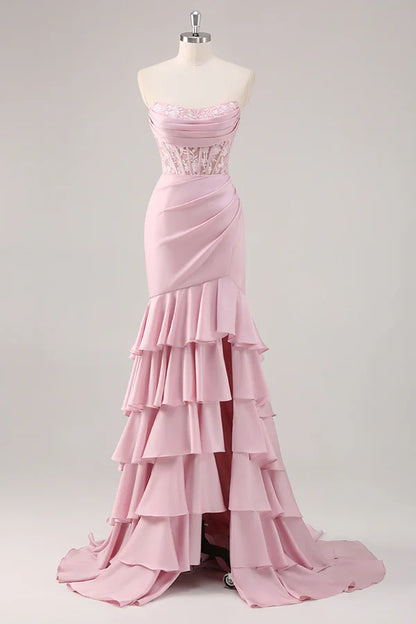 Blush Mermaid Strapless Corset Tiered Long Prom Dress with Slit Graduation Dresses DP525