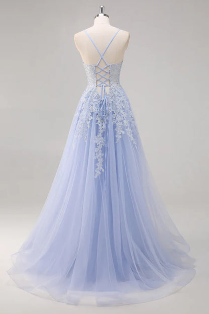 Pretty A Line Spaghetti Straps Tulle Beaded Long Prom Dress with Slit Graduation Dresses DP527