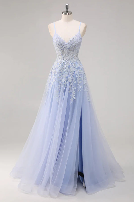 Pretty A Line Spaghetti Straps Tulle Beaded Long Prom Dress with Slit Graduation Dresses DP527