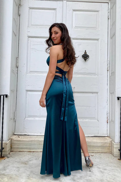 Pretty Mermaid V-neck Navy Blue Criss-cross Back Long Dress Graduation Dress DP533