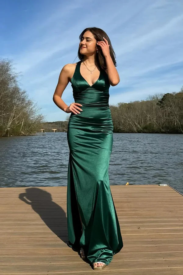 Pretty Mermaid V-neck Navy Blue Criss-cross Back Long Dress Graduation Dress DP533