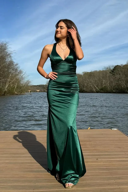 Pretty Mermaid V-neck Navy Blue Criss-cross Back Long Dress Graduation Dress DP533