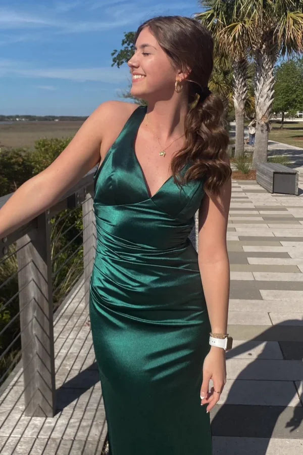 Pretty Mermaid V-neck Navy Blue Criss-cross Back Long Dress Graduation Dress DP533