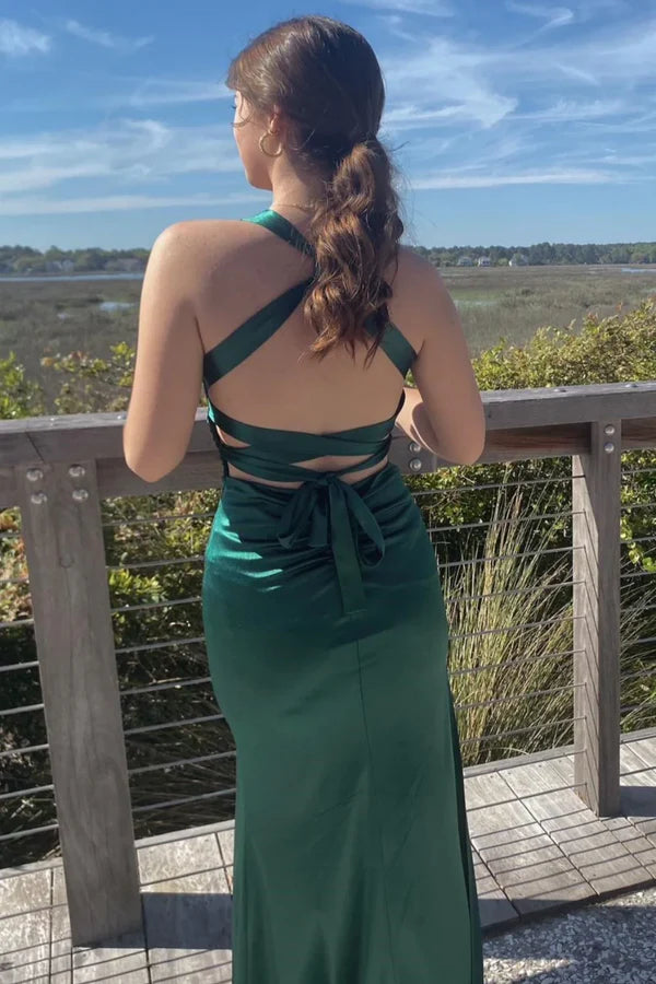 Pretty Mermaid V-neck Navy Blue Criss-cross Back Long Dress Graduation Dress DP533
