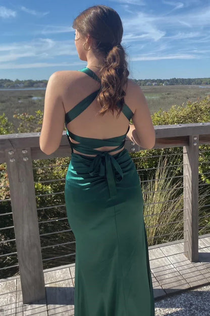 Pretty Mermaid V-neck Navy Blue Criss-cross Back Long Dress Graduation Dress DP533