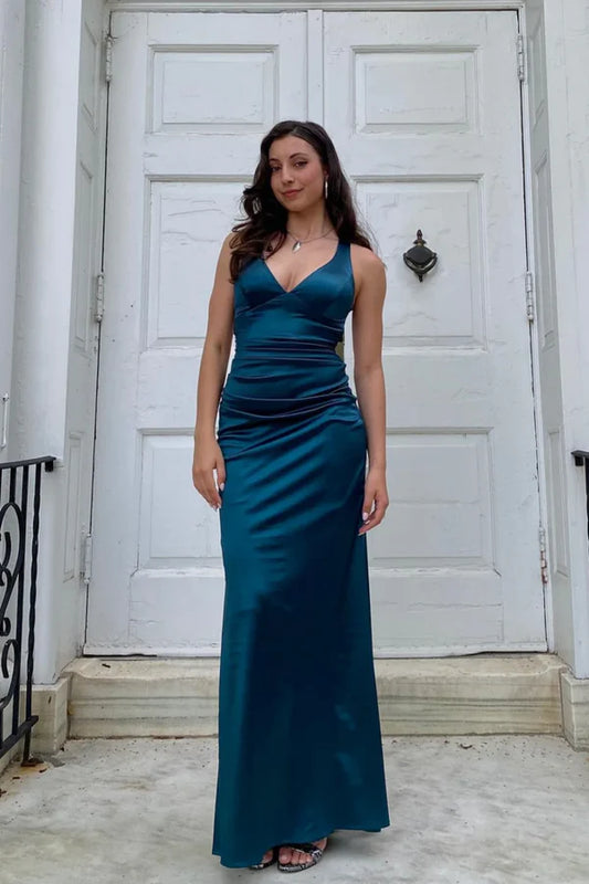 Pretty Mermaid V-neck Navy Blue Criss-cross Back Long Dress Graduation Dress DP533