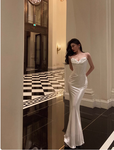 Sexy Mermaid White Spaghetti Straps Satin 21st Birthday Dress Party Gown Birthday Outfits Birthday Dress Ideas For Women DP1883