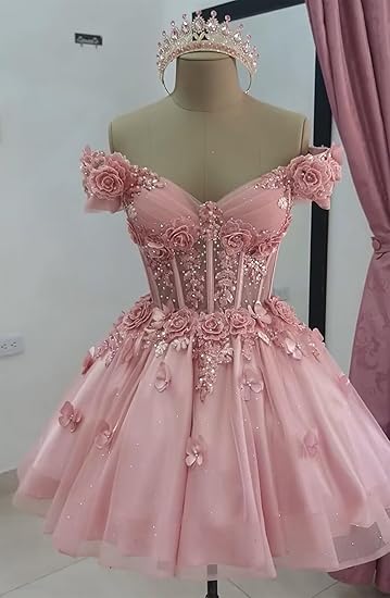 Robe de bal modeste à épaules dénudées en tulle rose blush, robe de soirée formelle, robe de bal de fin d'études, robe courte Hoco DH2596