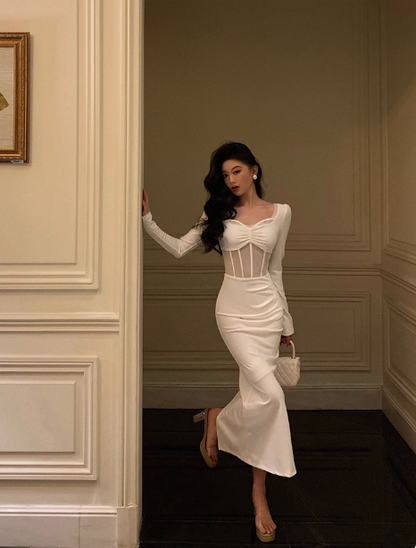 Sexy Sheath White Long Sleeves Satin 21st Birthday Dress Party Gown Birthday Outfits Birthday Dress Ideas For Women DP1896