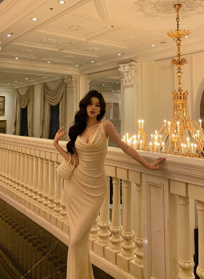 Robe fourreau vintage en satin champagne, décolleté en V, sans manches, tenue de fête pour 18e anniversaire, tenue d'anniversaire pour femme, DP0209