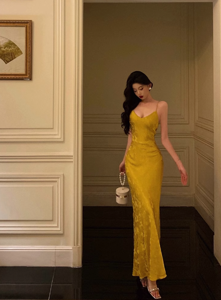 Pretty Mermaid Spaghetti Straps Yellow Satin 18th Birthday Dress Party Birthday Outfits For Womens DP0169