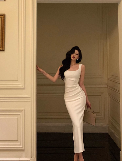 Jolie robe fourreau blanche à décolleté carré pour 21e anniversaire, tenue de fête pour femme, DP0179