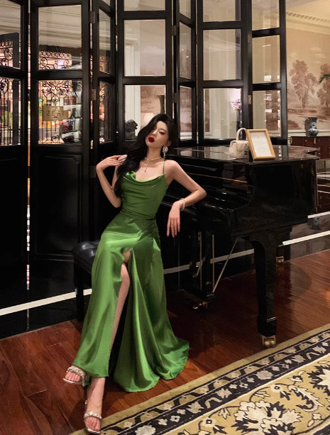 Sexy A line Spaghetti Straps Green Slit 21st Birthday Dress Holiday Party Birthday Outfits For Women DP0179