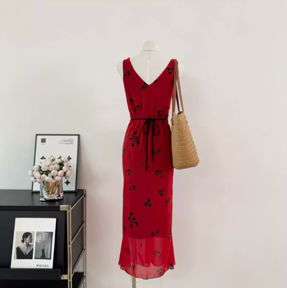 Cute A line V Neckline Red Floral Long Summer Dress For Women DP0011