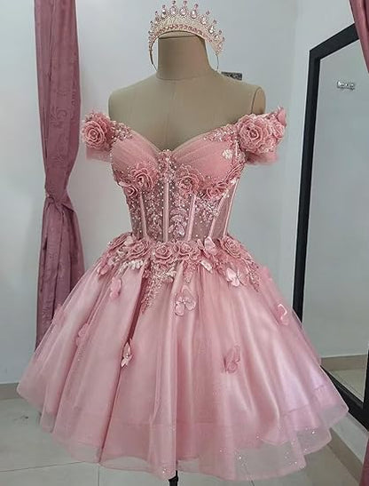 Robe de bal modeste à épaules dénudées en tulle rose blush, robe de soirée formelle, robe de bal de fin d'études, robe courte Hoco DH2596