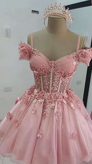 Robe de bal modeste à épaules dénudées en tulle rose blush, robe de soirée formelle, robe de bal de fin d'études, robe courte Hoco DH2596