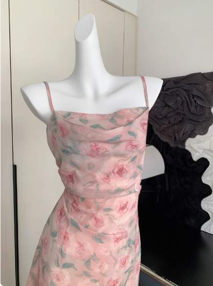 Cute A line Spaghetti Straps Pink Floral Long Chiffon Dress For Women DP0008