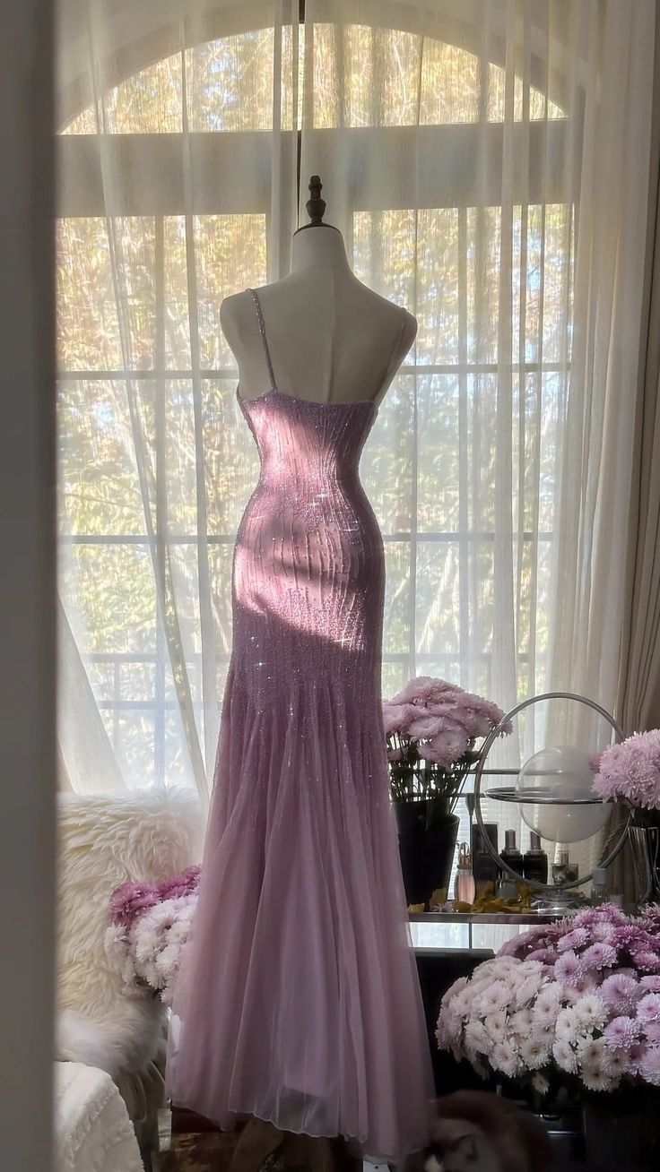 Sexy Mermaid Spaghetti Straps Purple Elegant Tulle Sequin Prom Dresses P0001