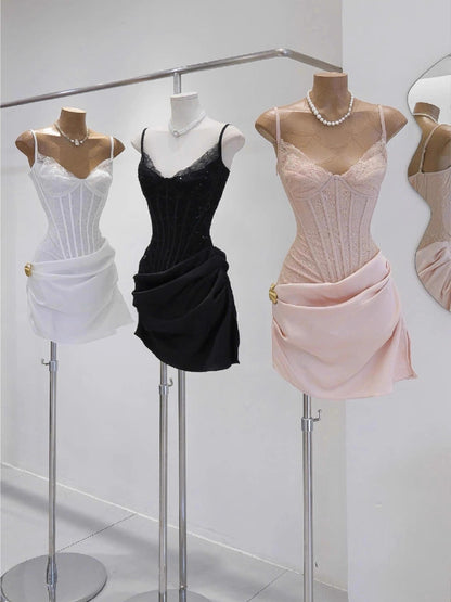 Schlichtes Etuikleid mit Spaghettiträgern, kleines Schwarzes, Partykleider, kurze formelle Homecoming-Kleider, schicke Abendkleider, elegante Cocktailkleider, Outfits zum 16. Geburtstag, Spitzenkleid von Hoco, DH2767