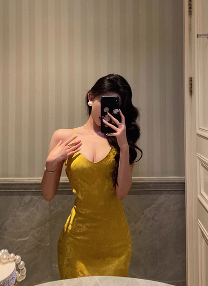 Pretty Mermaid Spaghetti Straps Yellow Satin 18th Birthday Dress Party Birthday Outfits For Womens DP0169