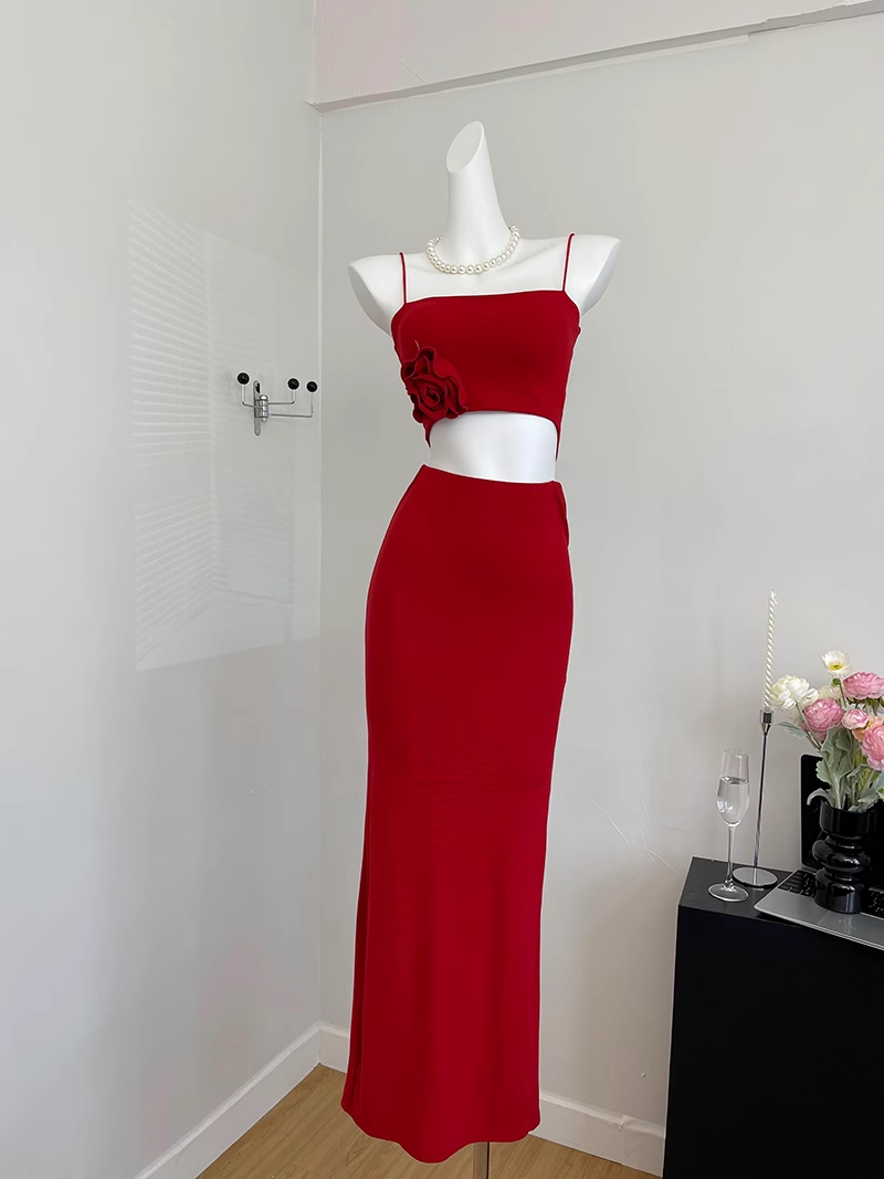 Cute Mermaid Spaghetti Straps 2 Pieces Red Long Summer Dress For Women DP0013