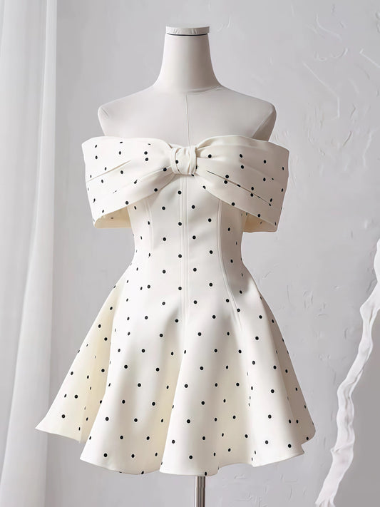 Cute A line Off The Shoulder Black Polka Dots Short Satin Formal Homecoming Dresses Party Graduation Dress Hoco Dresses DH2772