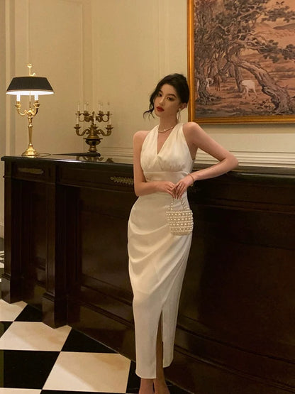 Sexy Sheath Halter White Sleeveless Prom Dresses Party Dress Summer Birthday Outfits Birthday Dresses W811