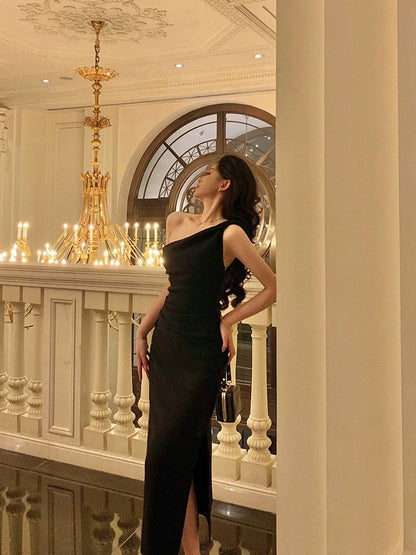 Sexy Sheath One Shoulder Black Sleeveless Prom Dresses Party Dress Summer Birthday Outfits 18th Birthday Dresses W820