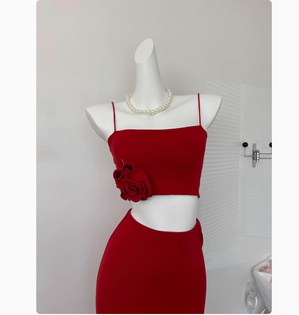 Cute Mermaid Spaghetti Straps 2 Pieces Red Long Summer Dress For Women DP0013