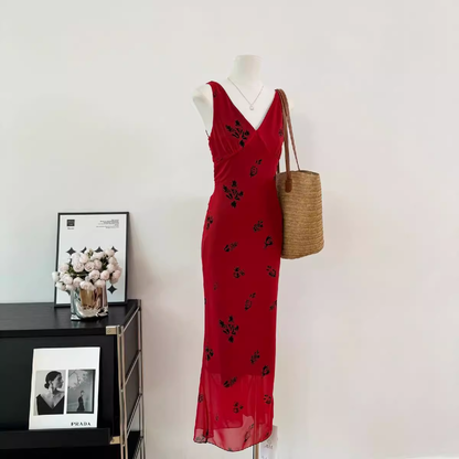 Cute A line V Neckline Red Floral Long Summer Dress For Women DP0011