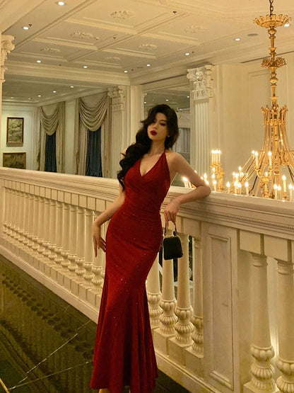 Sexy Mermaid Halter Red Sequin Sleeveless Prom Dresses Party Dress Summer Birthday Outfits 20th Birthday Dresses W818