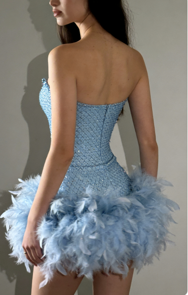 Trendy Sheath Sweetheart Blue Beads Feathers Sequin Mini Short Formal 8th Grade Homecoming Dresses Middle School Short Cocktail Dress Hoco Outfits D1873